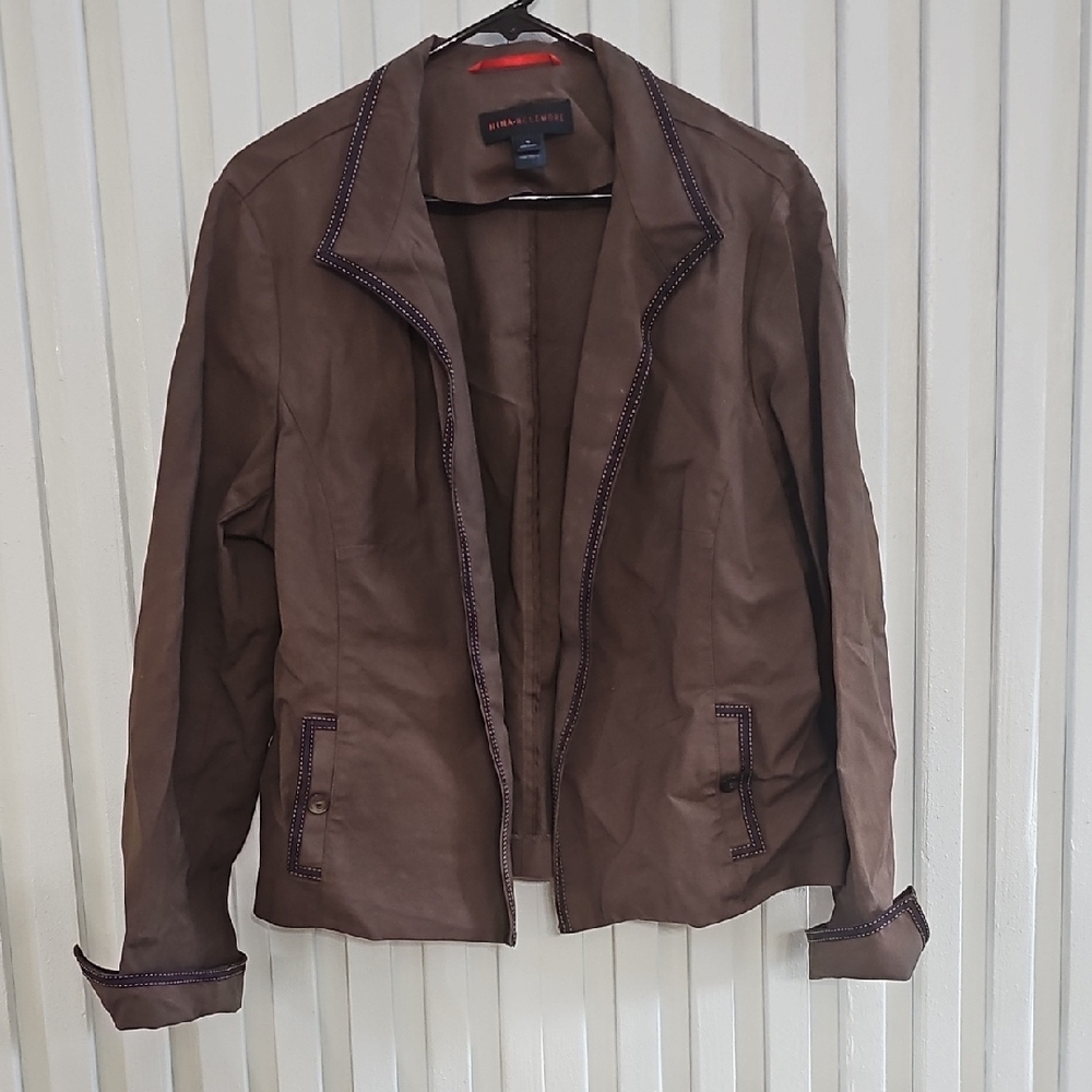 Brown  Collered Jacket  Open Front Jacket Long Sleeve Trim Accents Size 16